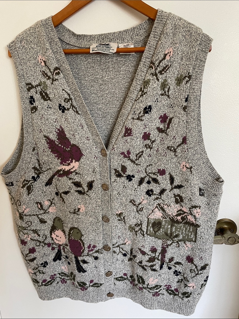 Northern Reflections/Parkhurst Grey Floral & Bird Knit Button-Front Sweater Vest